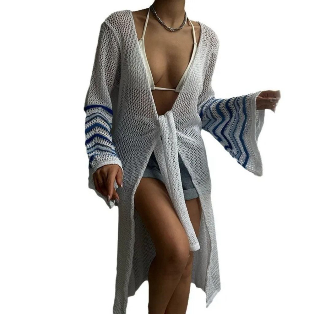 Long-Sleeved Cardigan-Style Swimsuit Coverup in White